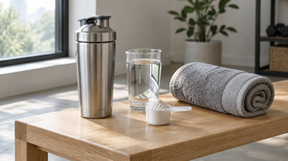 Shaker, verre d'eau, cuillère doseuse et serviette de sport sur un banc en bois