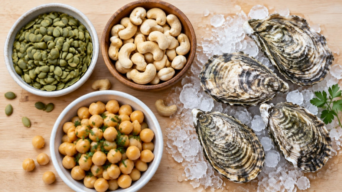 Graines de courge, noix de cajou, pois chiches et huîtres sur une planche en bois
