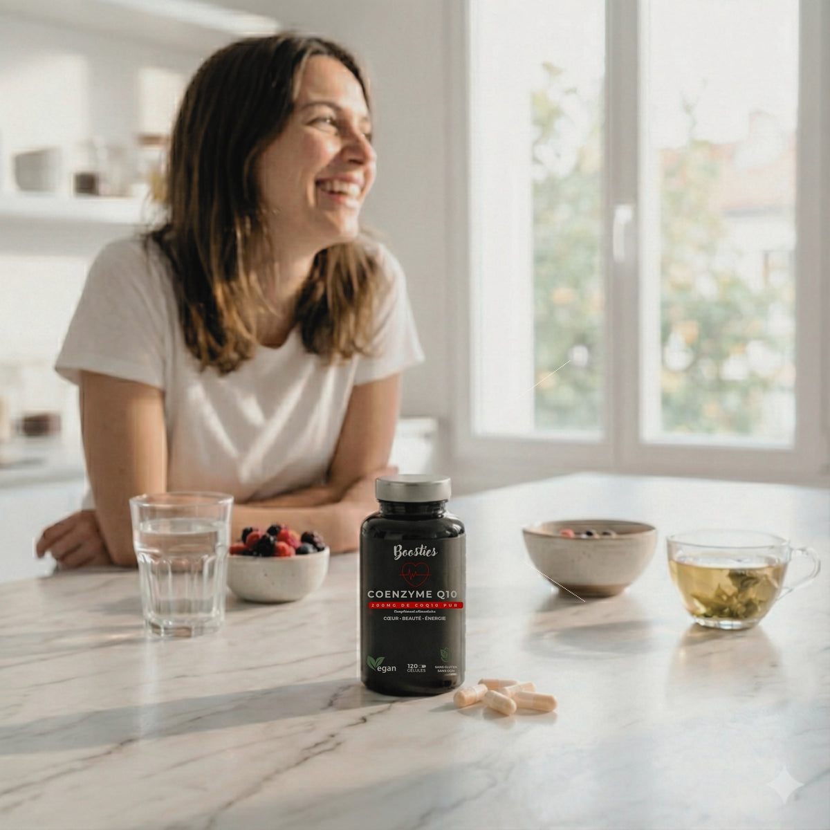 Flacon Boosties Coenzyme Q10 sur une table de cuisine