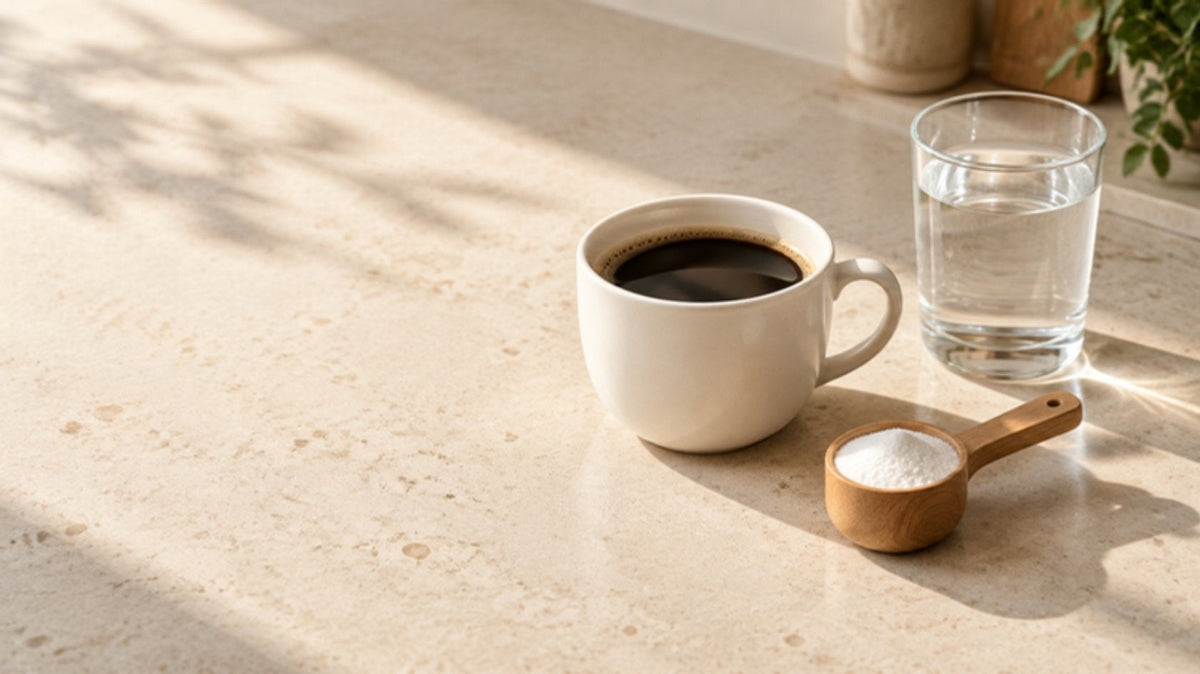 Tasse de café, cuillère doseuse de poudre blanche et verre d'eau sur un plan de travail