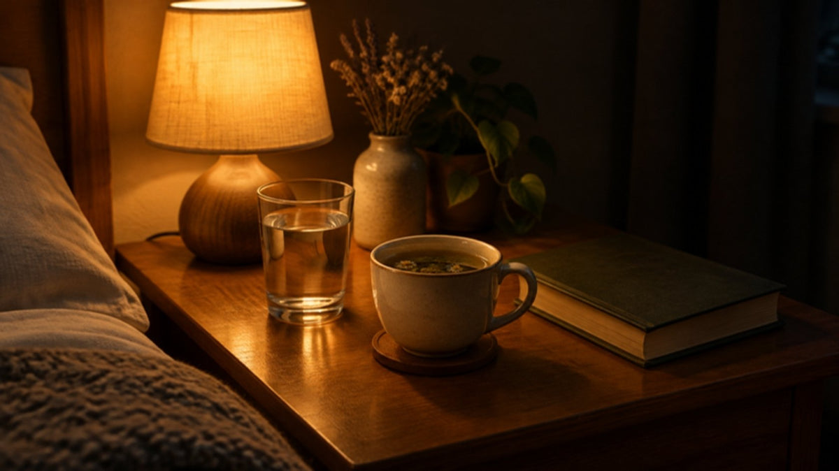 Table de chevet le soir avec lampe tamisée, verre d'eau, tasse de tisane et livre fermé
